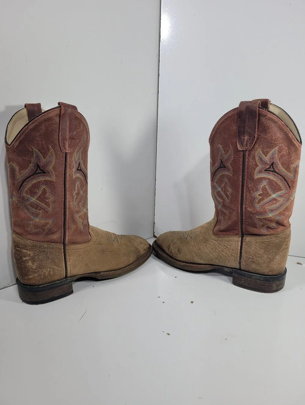 Old West BSY1912 Kids Cowboy Boots Broad Square Toe Tan Leather Youth Size 5 D